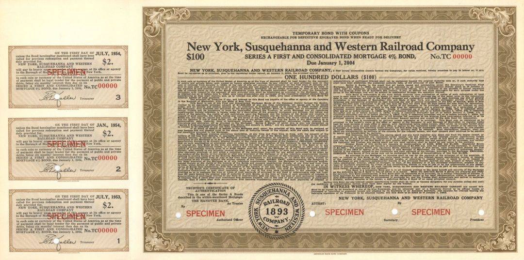 New York, Susquehanna and Western Railroad Co. -  $100 Specimen Bond