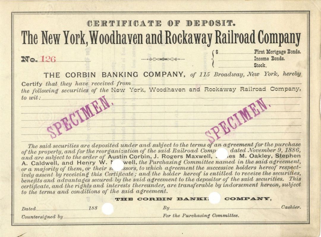 New York, Woodhaven and Rockaway Railroad Co. -  Specimen Bond