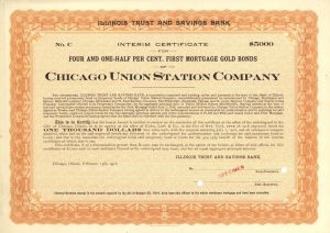 Chicago Union Station Co. - Various Denominations Railroad Specimen Bond