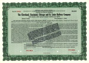 Clevelnd, Cincinnati, Chicago and St. Louis Railway Co. - $5,000 or $10,000  Railroad Specimen Bond