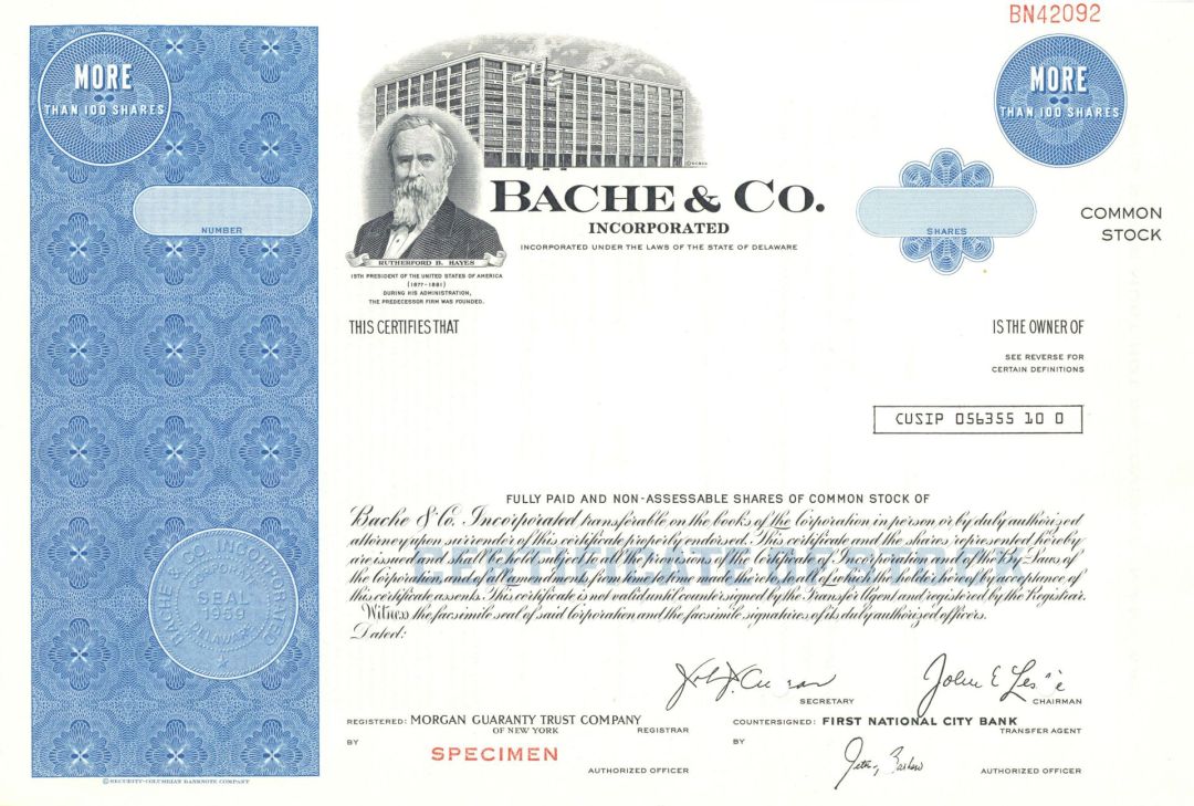 Bache and Co. Inc. - Specimen Stock Certificate - Only Blue or Green Available - Depicts Rutherford B. Hayes in this Bache Vignette - Very Rare