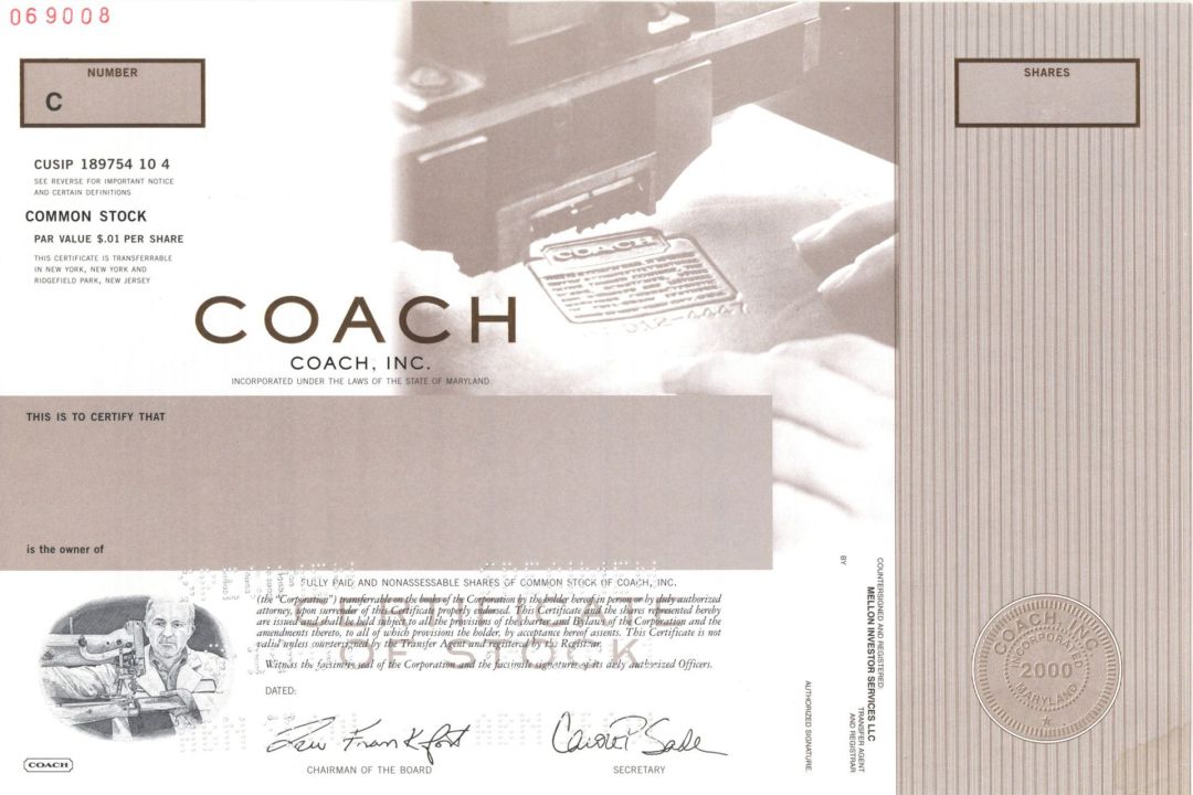 Coach, Inc. - 2001 dated Specimen Stock Certificate - Never See Before