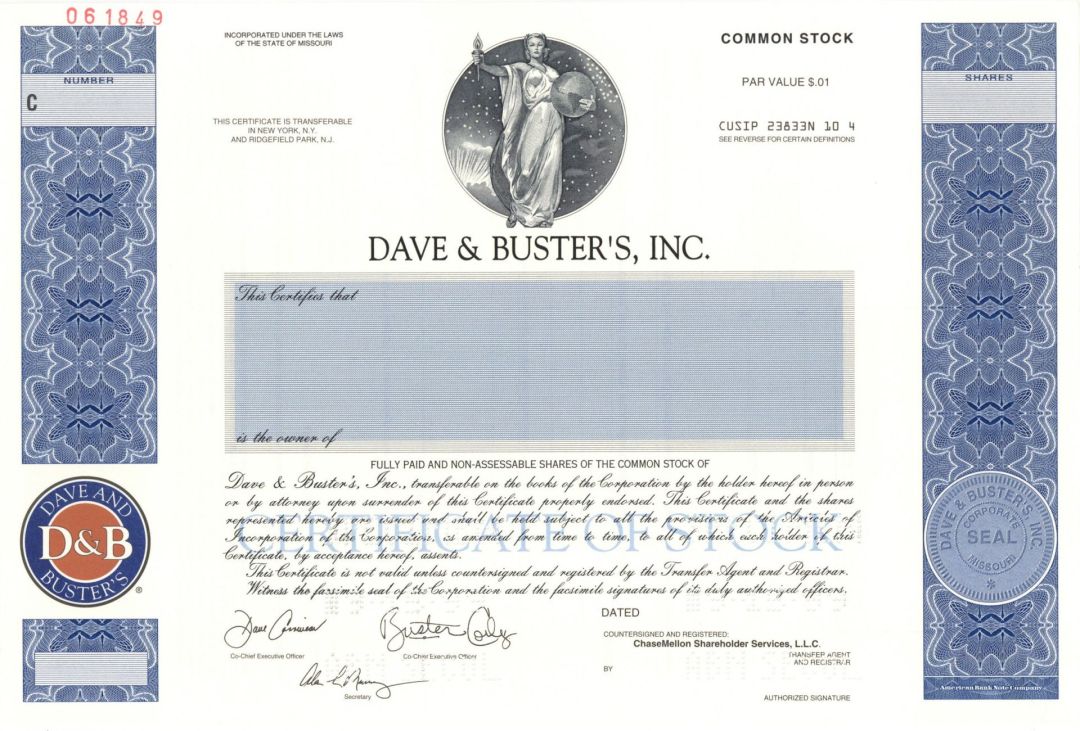 Dave and Buster's, Inc. - Specimen Stocks and Bonds