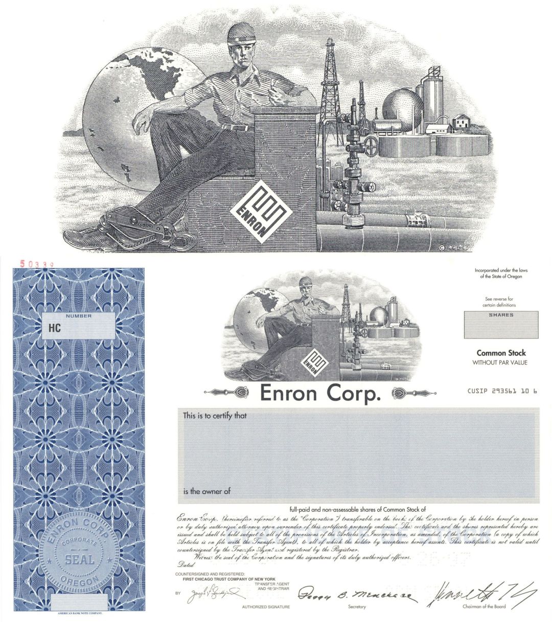 Enron Corporation - Printed Signature of Kenneth Lay - 1997 dated Specimen Stock Certificate
