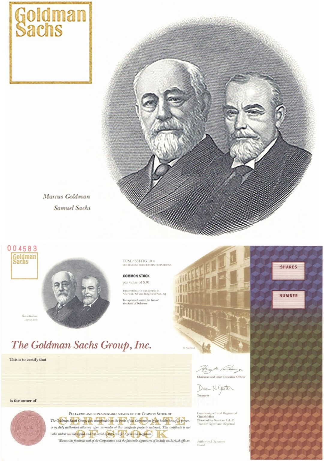 Goldman Sachs Group, Inc. - Vignette of Marcus Goldman & Samuel Sachs - 1999 dated Specimen Stock Certificate - Fantastic Design