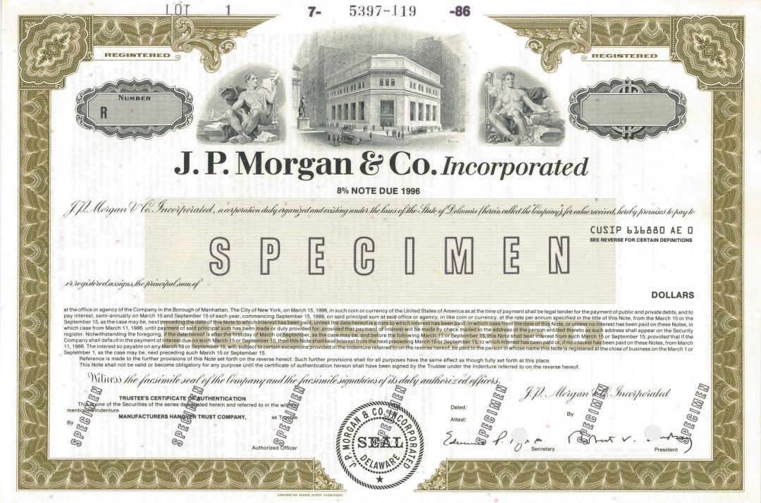 J.P. Morgan and Co. Inc. - Specimen Bond - Only 2 Bonds Discovered - Last One!