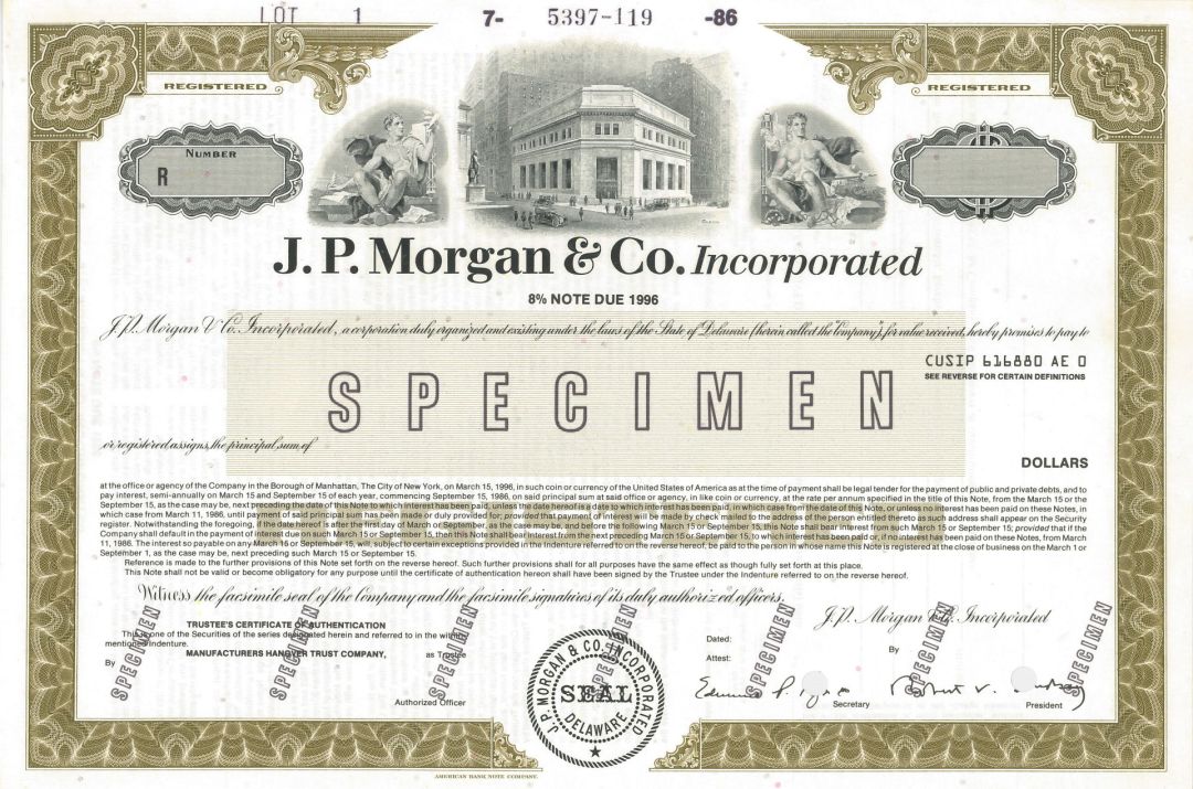 J.P. Morgan and Co. Inc. - Specimen Bond - Only 2 Bonds Discovered!