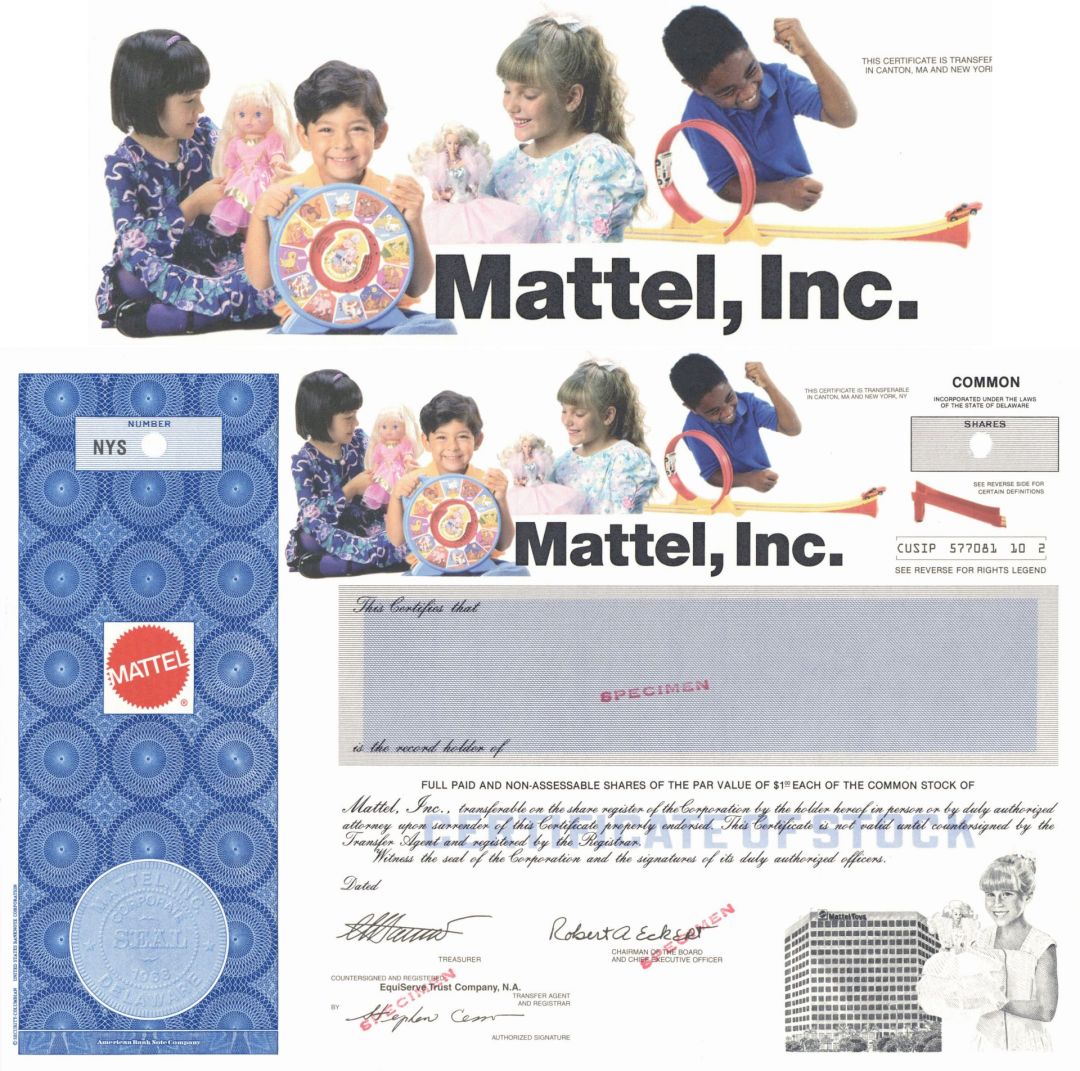 Mattel, Inc. - Multicolored Vignette - Specimen Stock Certificate