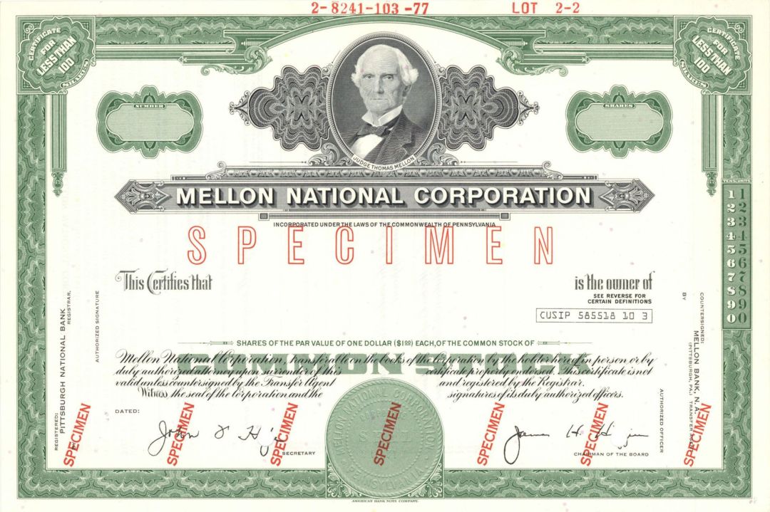 Mellon National Corp. - Specimen Stocks and Bonds