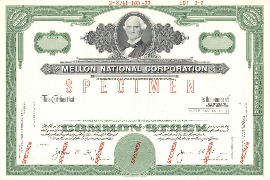 Mellon National Corporation - Specimen Stock Certificate - Vignette of Judge Thomas Mellon