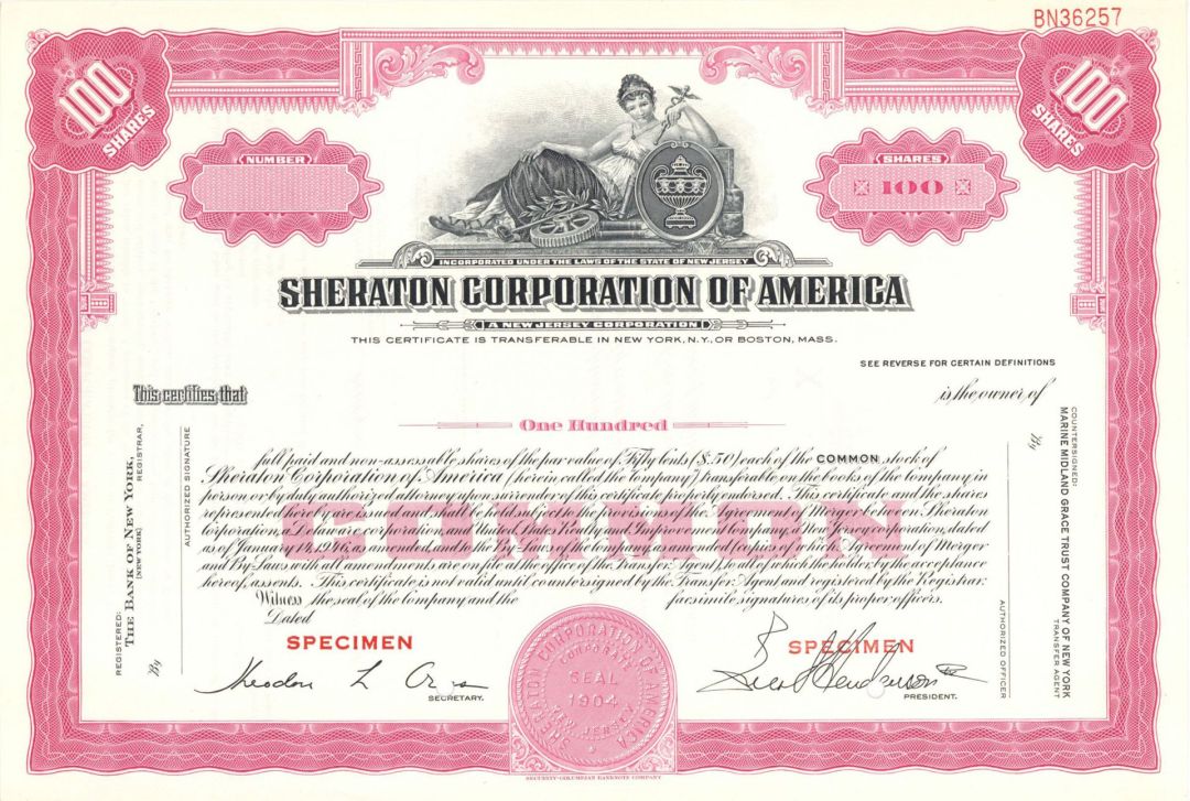 Sheraton Corporation of America - Specimen Stock Certificate
