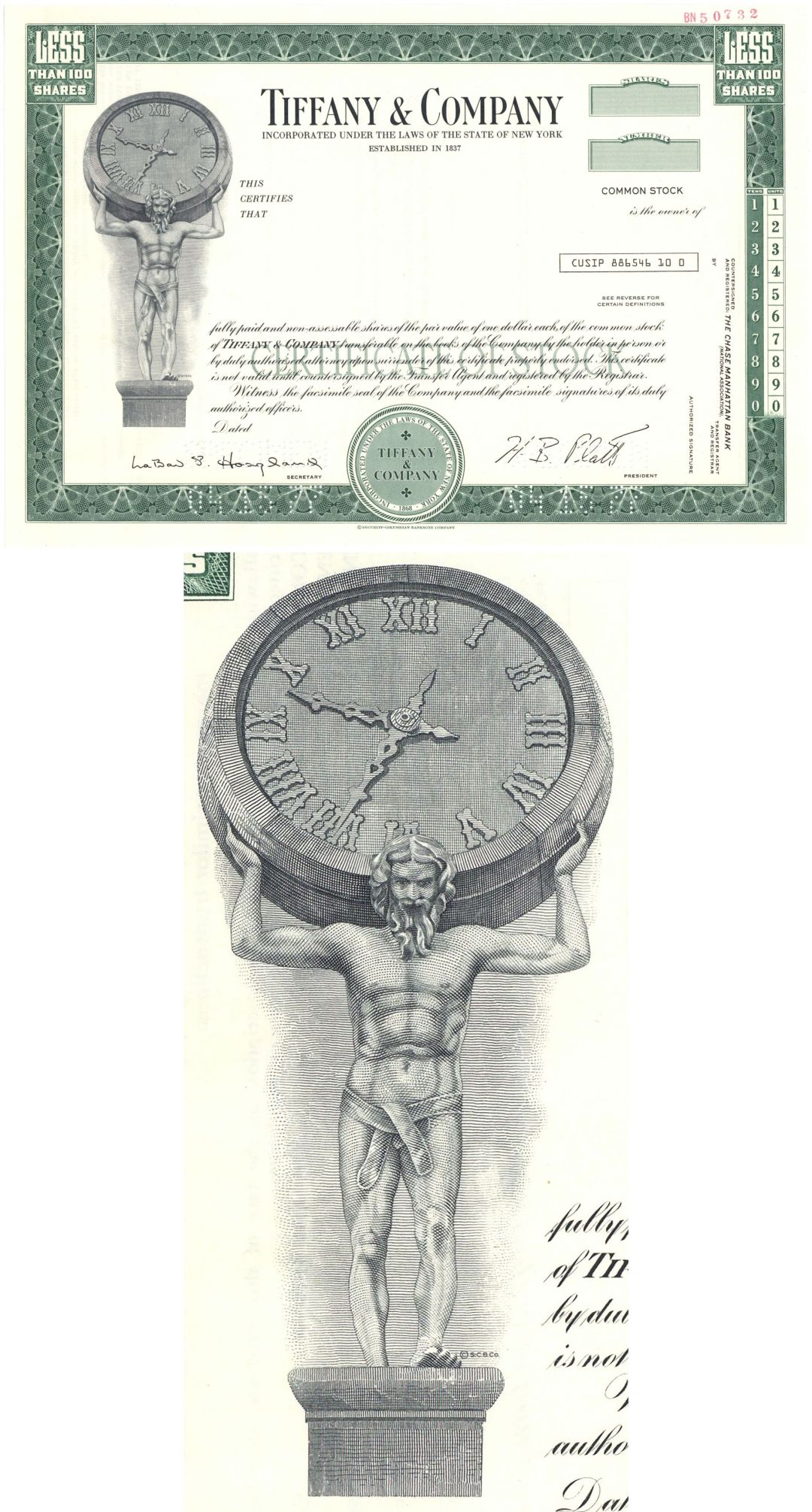 Tiffany and Co. - 1977 dated Green Specimen Stock Certificate - American Luxury Jewelry and Specialty Design Company - Tiffany & Co.