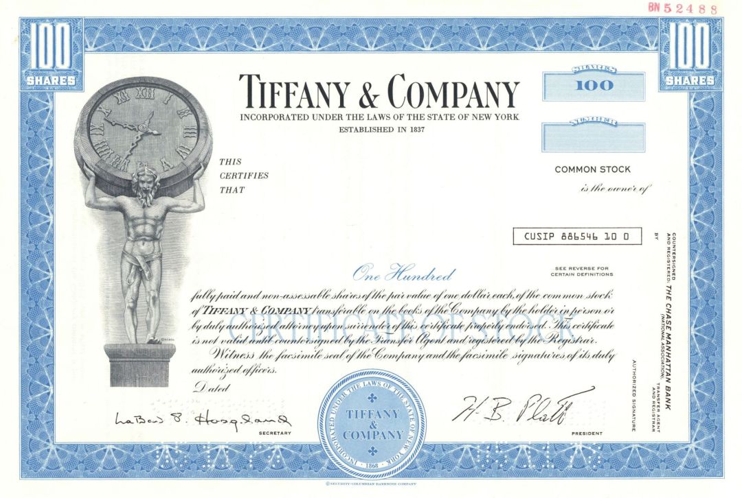 Tiffany and Co. - 1978 dated Blue Specimen Stock Certificate - This Would Be The Exact Piece - American Luxury Jewelry and Specialty Design Company