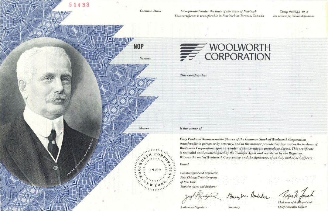 Woolworth Corp. - Enormous Portrait of Frank Winfield Woolworth Vignette - 1989 dated Specimen Stock Certificate
