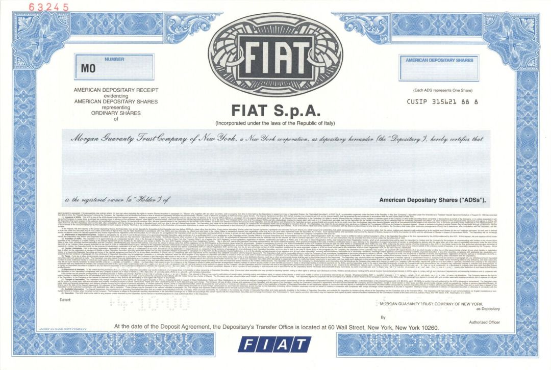 Fiat S.p.A. - Specimen Stock Certificate