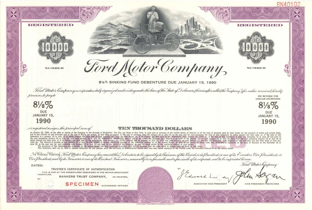 Ford Motor Co. - circa 1970's $10,000 Automotive Specimen Bond