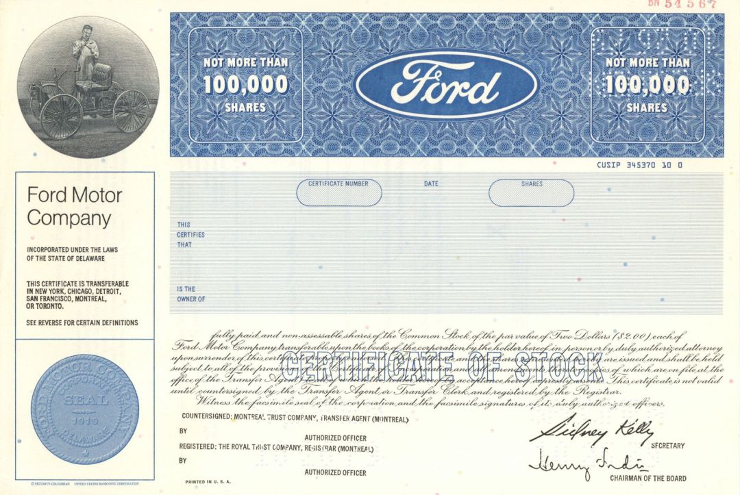 Ford Motor Company - 1979 dated Specimen Stock Certificate