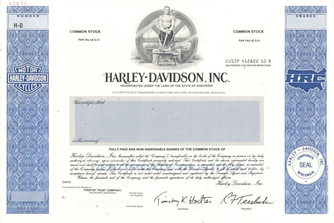 Harley-Davidson, Inc. -  Specimen Stock Certificate