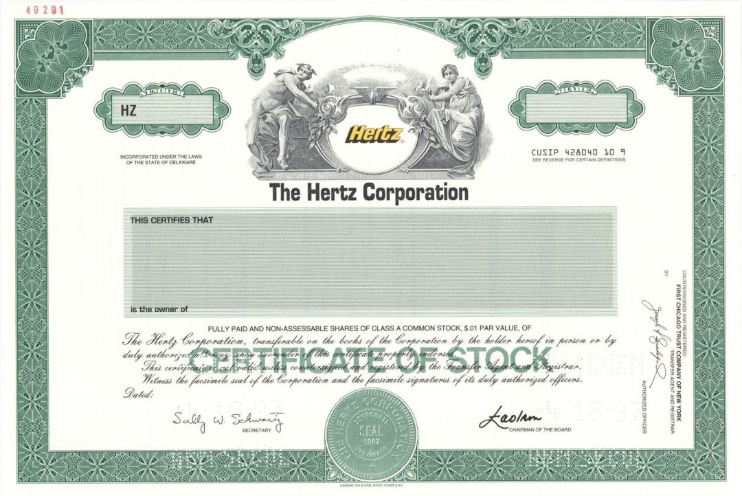 Hertz Corp. - 1997 dated Specimen Stock Certificate