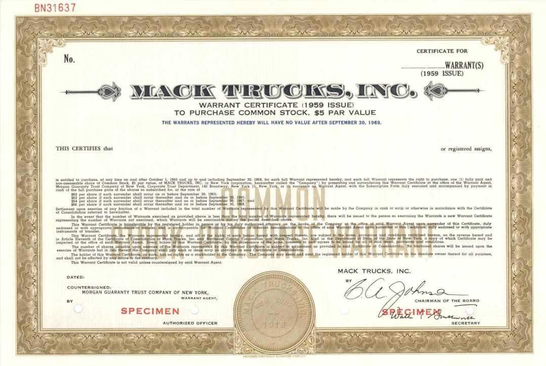 Mack Trucks, Inc. -  Specimen Stock Certificate