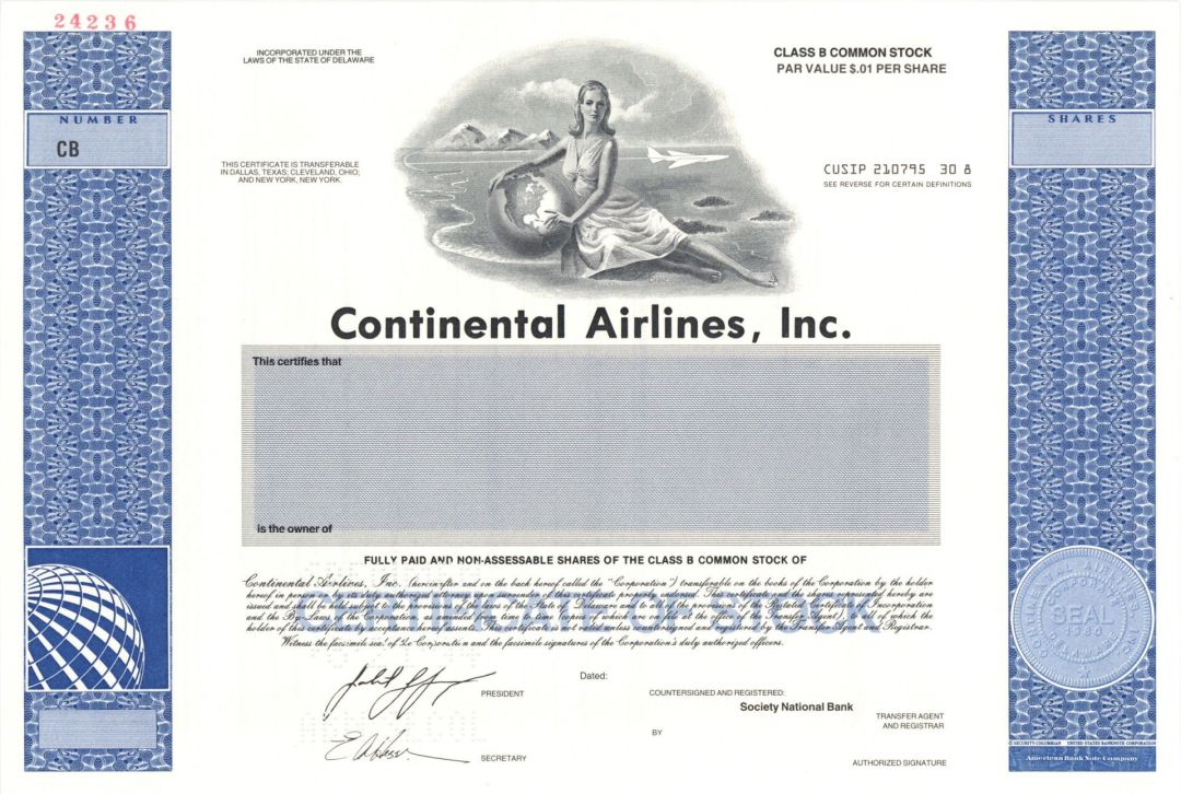 Continental Airlines, Inc. - Specimen Stock Certificate