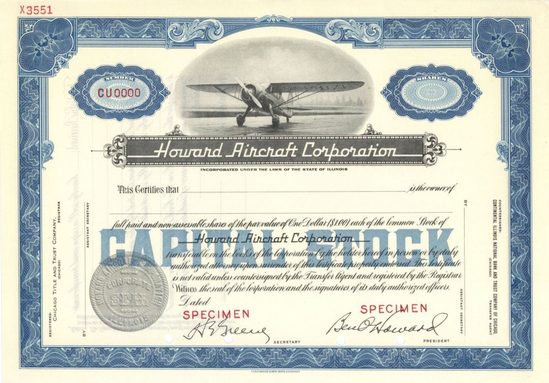 Howard Aircraft Corp. - Specimen Stock Certificate - Aviation is Extremely Popular