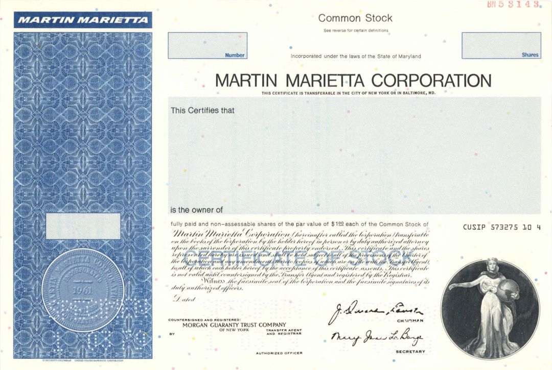 Martin Marietta Corp. - Specimen Stock Certificate