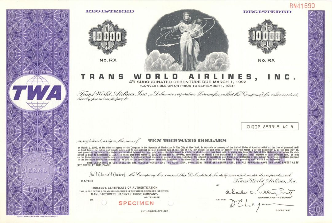 Trans World Airlines, Inc. - $10,000 Specimen Bond