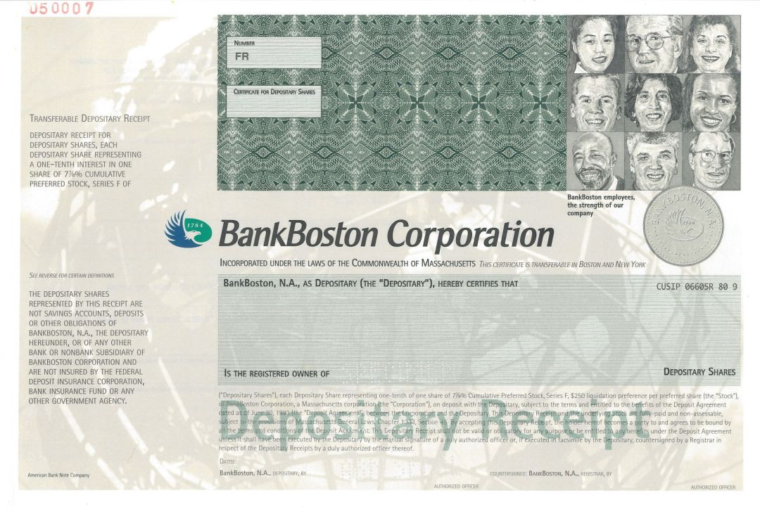 BankBoston Corp. - 1997 dated Specimen Stock Certificate - Very Unusual Design