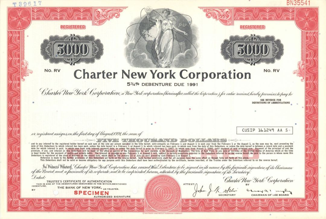 Charter New York Corporation - $5,000 Specimen Bond