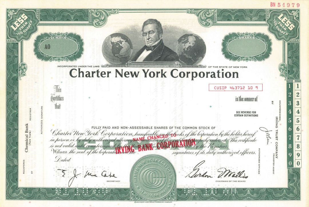 Charter New York Corporation - Washington Irving Vignette - circa 1960's Specimen Stock Certificate