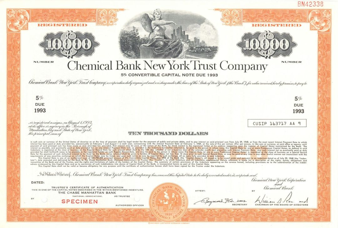 Chemical Bank New York Trust Co. - 1968 dated $10,000 Banking Specimen Bond