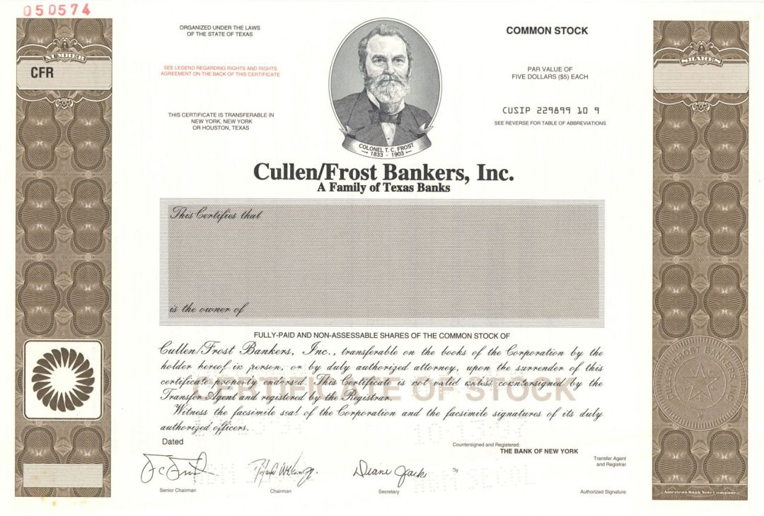 Cullen/Frost Bankers, Inc. - Specimen Stock Certificate