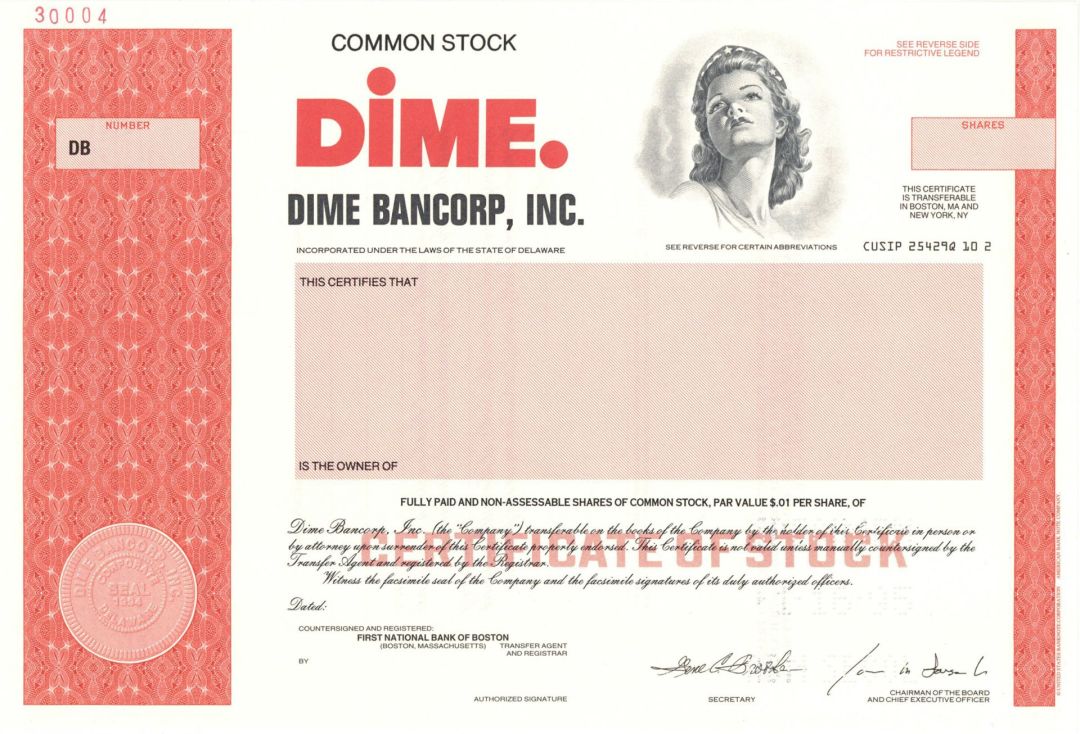 Dime Bancorp, Inc. - Specimen Stock Certificate