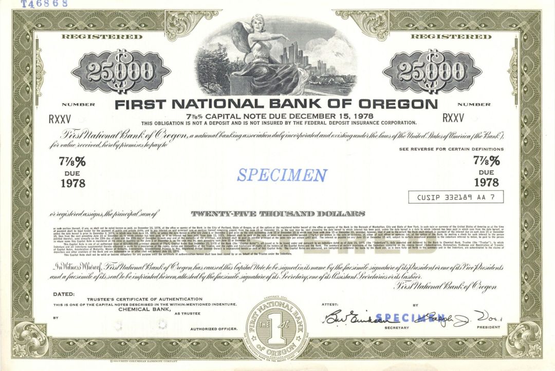 First National Bank of Oregon - $25,000 Specimen Bond