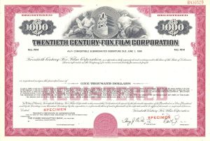 Twentieth Century-Fox Film Corp. - circa 1970's Specimen $1,000 Dark Pink Registered Bond
