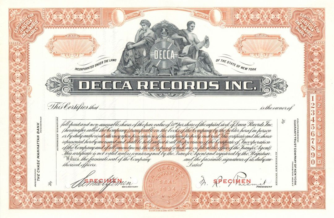 Decca Records, Inc. - Specimen Stock Certificate