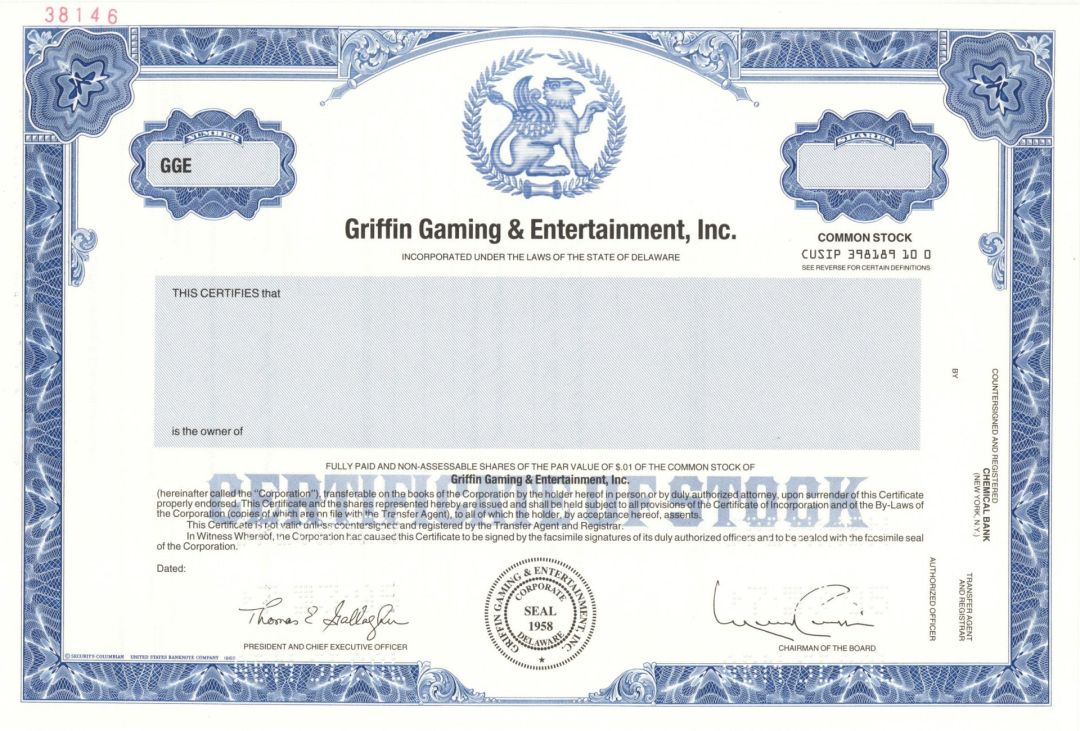 Griffin Gaming and Entertainment Inc. - Named after Merv Griffin - Specimen Stock Certificate