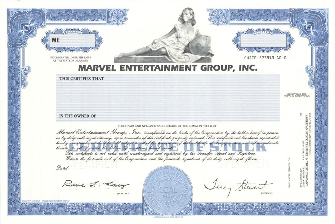 Marvel Entertainment Group, Inc. - Specimen Stock Certificate