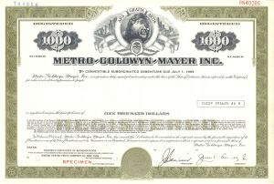 Metro-Goldwyn-Mayer Inc. - 1968 dated $1,000 Specimen Registered Bond - Very Rare