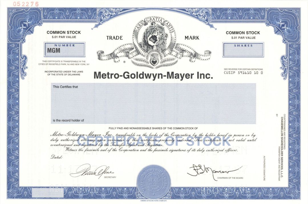 Metro-Goldwyn-Mayer Inc. - Specimen Stock Certificate