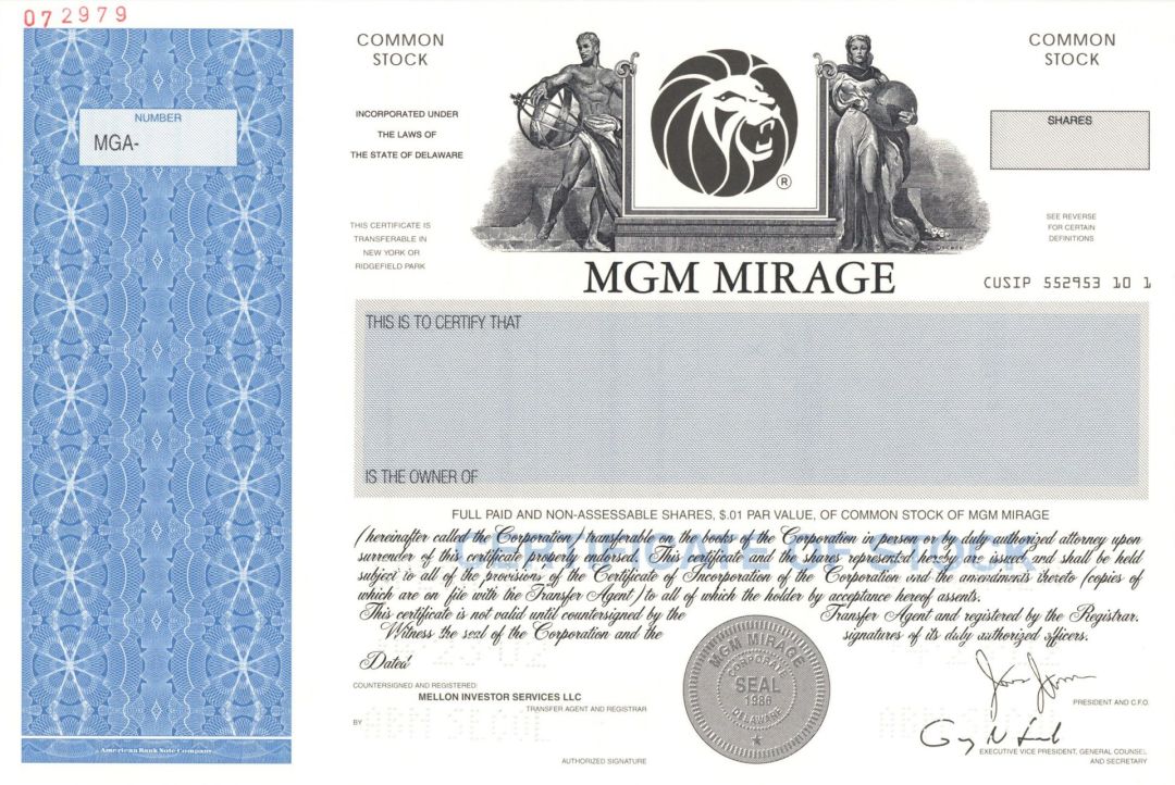 MGM Mirage - 2002 dated Specimen Stock Certificate