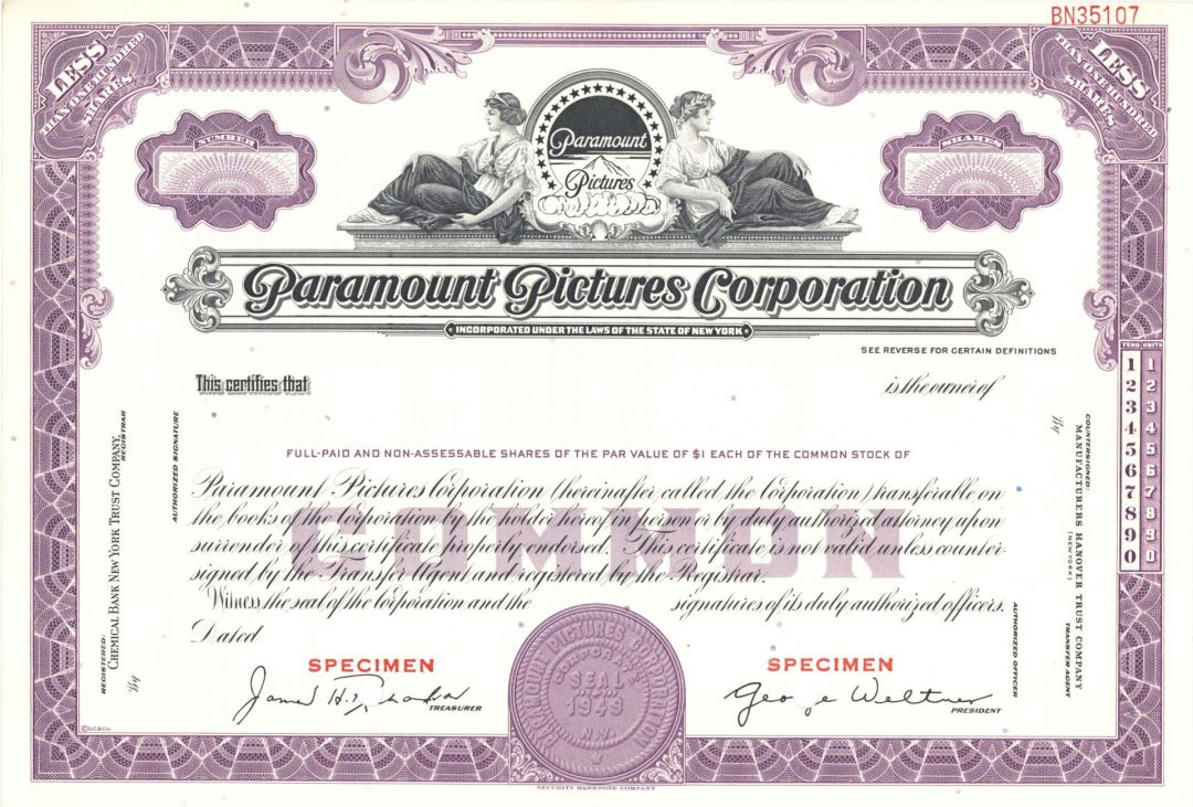 Paramount Pictures Corp. - American Film Production & Distribution Co. Specimen Stock Certificate