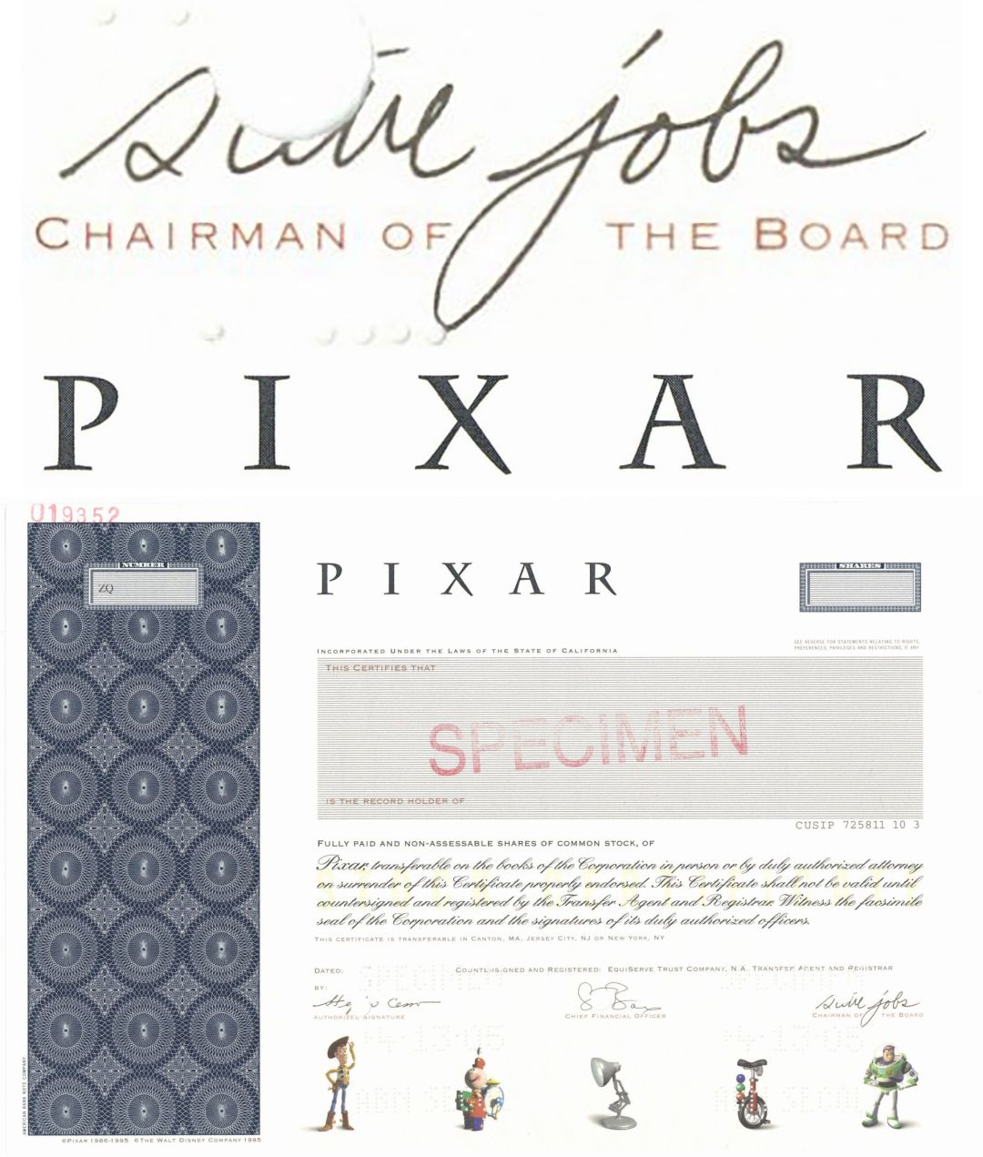 PIXAR - Owned by Disney Now - Steve Jobs Signature Printed - 2005 dated Specimen Stock Certificate - Depicts Woody, Buzz Lightyear, Red the Unicycle, Tinny & Luxo Jr. - Extremely Rare