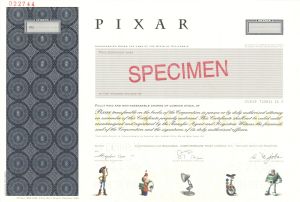 PIXAR - Steve Jobs Signature Printed - dated 2005 Specimen Stock Certificate - Depicts Woody, Buzz Lightyear, Red the Unicycle, Tinny & Luxo Jr. - Extremely Rare