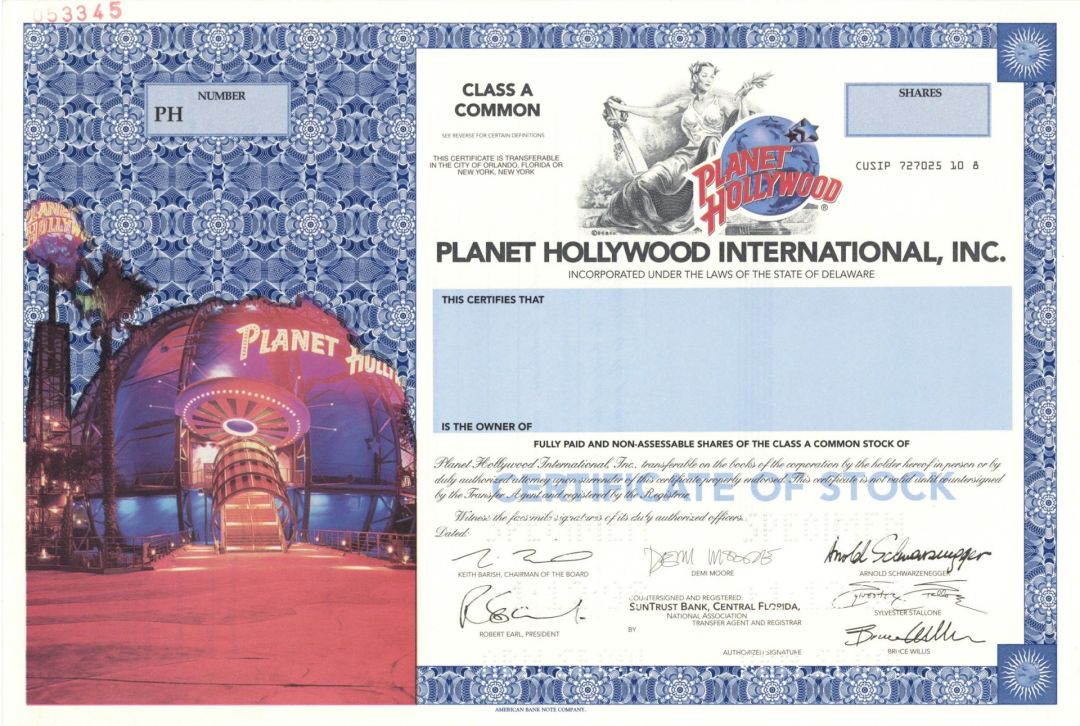 Planet Hollywood International, Inc. - 1996 dated Specimen Stock Certificate - Very Graphic - Facsimile Signatures of Demi Moore, Bruce Willis, Arnold Schwarzenegger and Sylvester Stallone