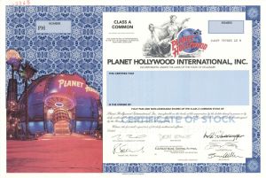 Planet Hollywood International, Inc. - 1996 dated Specimen Stock Certificate - Very Graphic - Also Available dated 1998