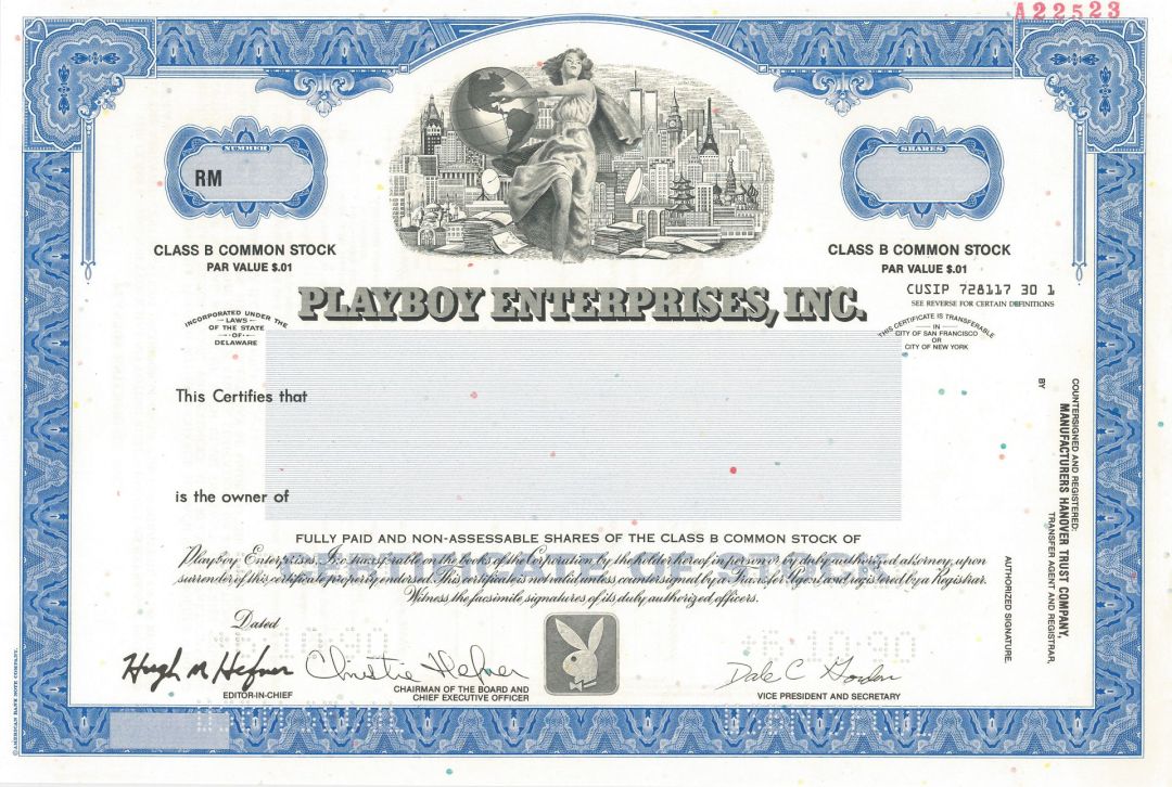 Playboy Enterprises, Inc. - 1990 dated Specimen Stock Certificate 
