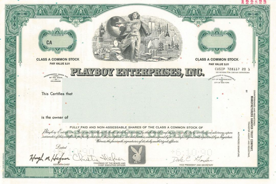 Playboy Enterprises, Inc. - 1990 dated Specimen Stock Certificate 