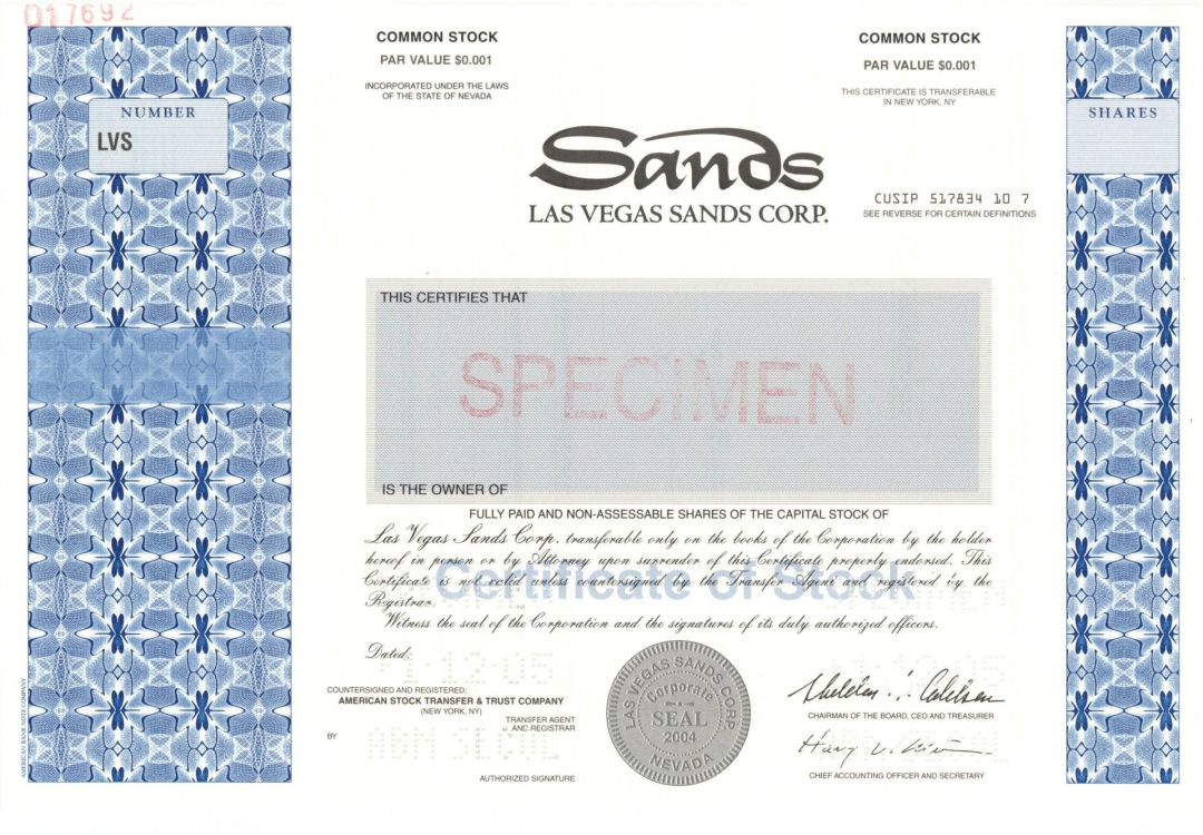 Sands - Las Vegas Sands Corp. - 2005 dated Specimen Stock Certificate - Owns the Sands Macao, The Londoner Macao, The Venetian Macao, The Plaza Macao, and The Parisian Macao